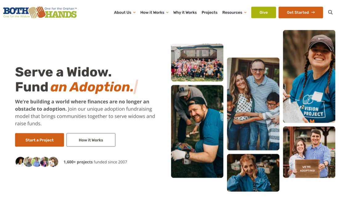 The Both Hands homepage: "Serve a Widow. Fund an Adoption.", with clear buttons and photos of volunteers and families
