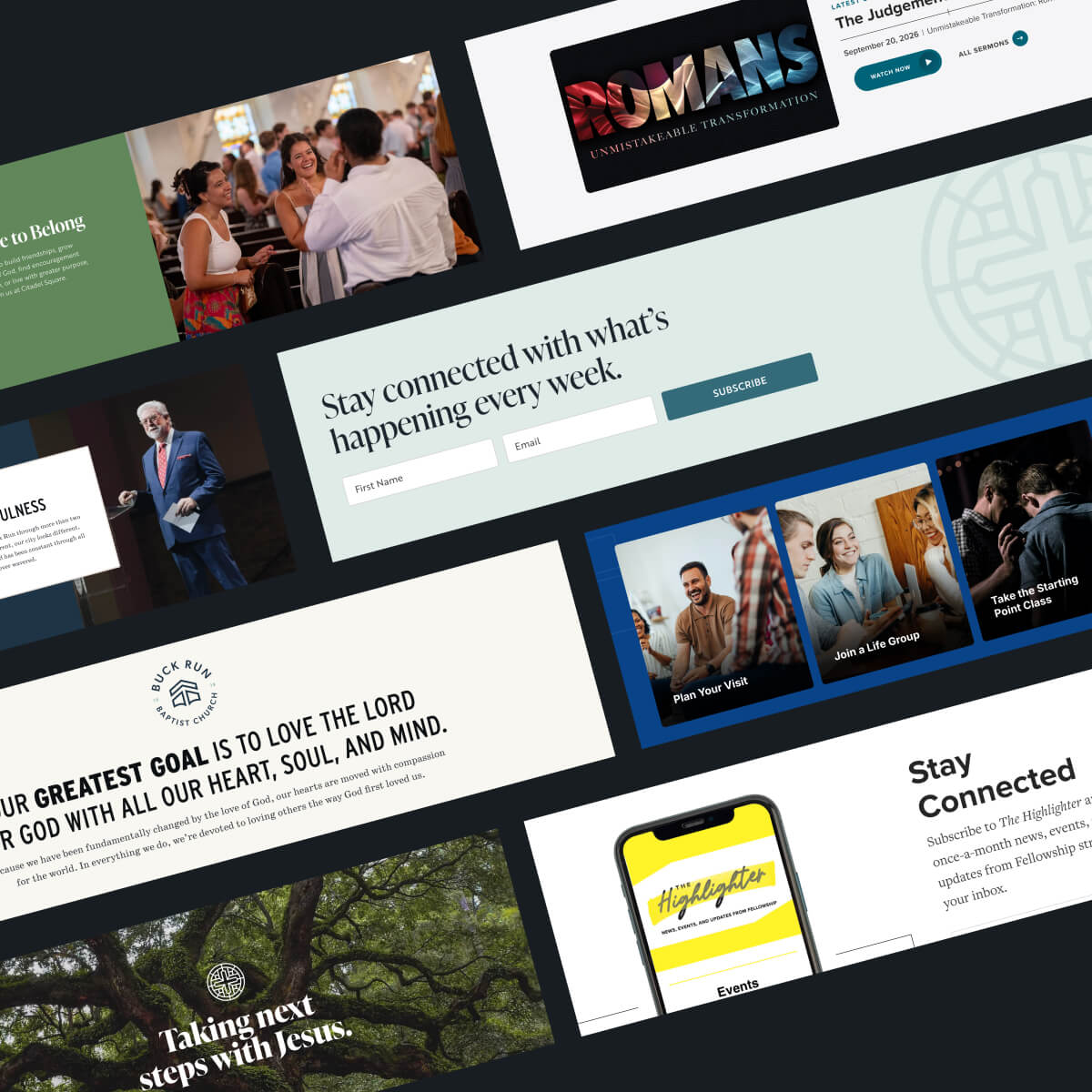 A collage of website sections built for churches: a sermon series feature, a newsletter sign-up, next-step cards for planning a visit and joining a group, a mission statement, and a welcome banner