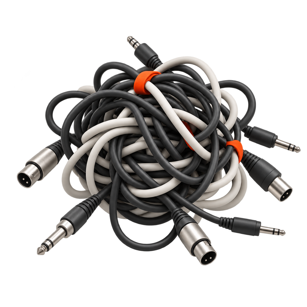 A tangle of audio cables