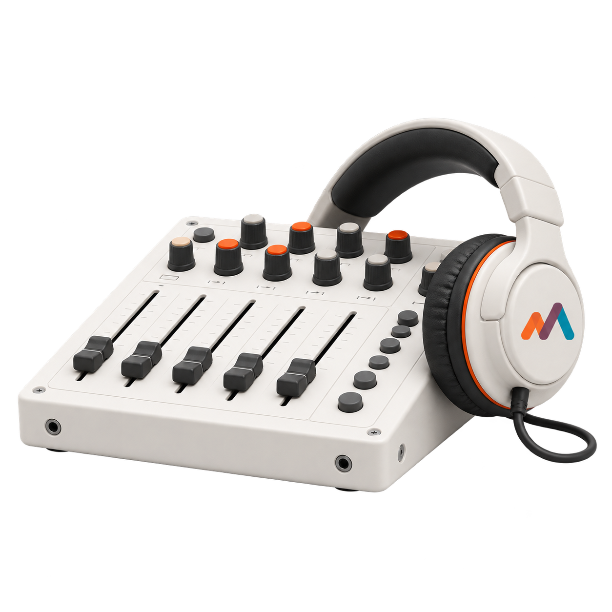 A mixing console and headphones with the Amplifier mark