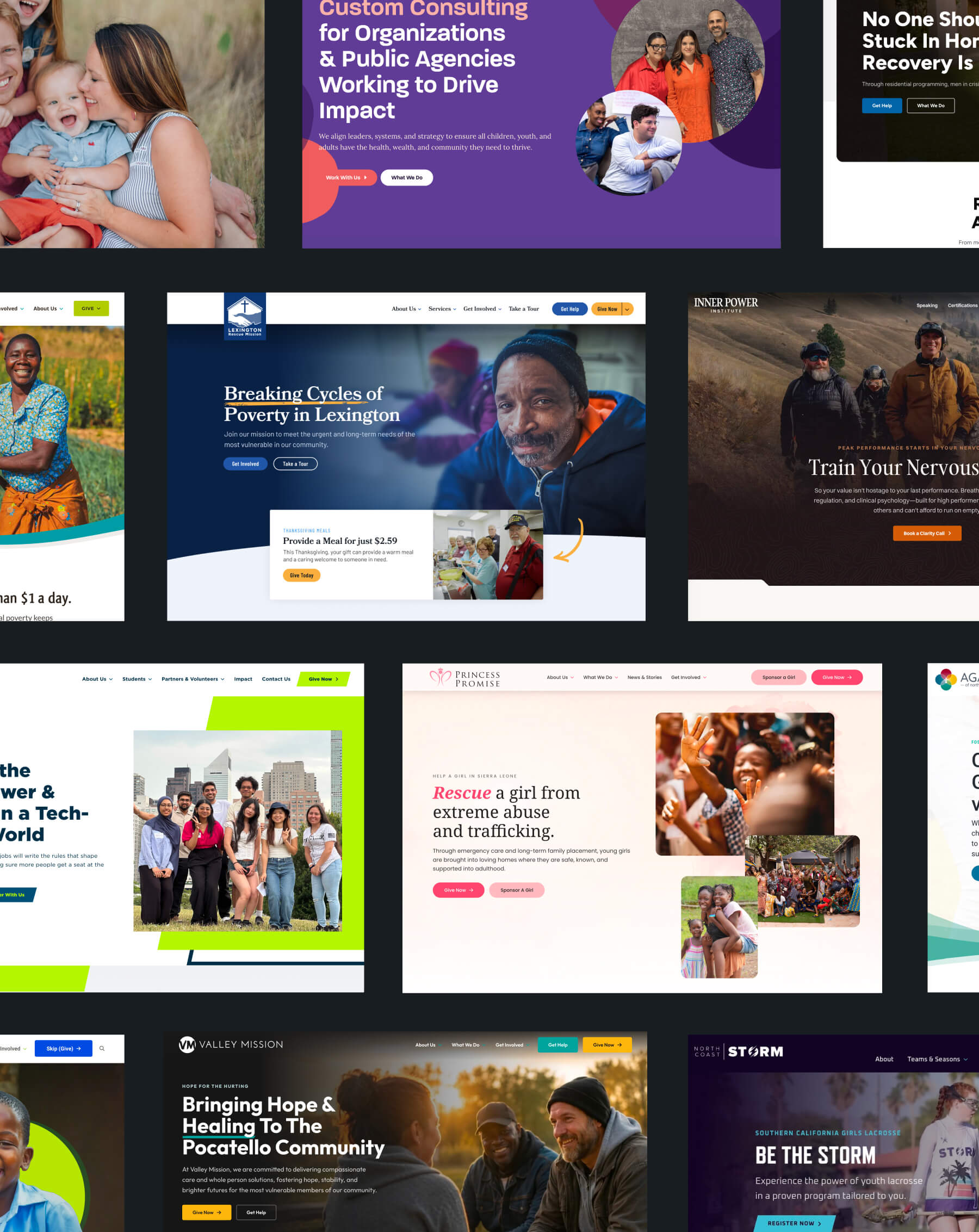 A wall of nonprofit websites built through LaunchPad, including Lexington Rescue Mission, Princess Promise, Inner Power Institute and Valley Mission