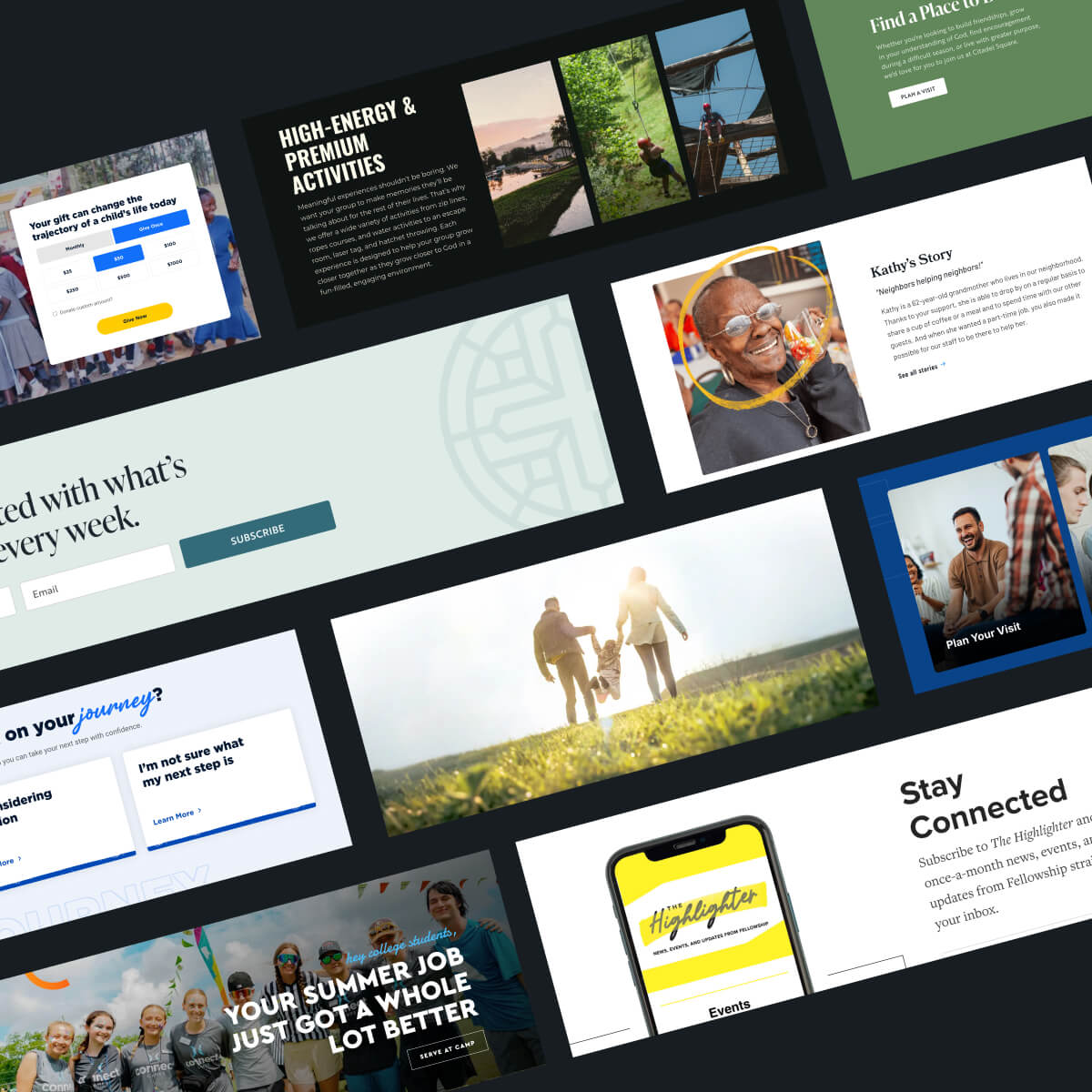 A collage of website sections built for nonprofits: a donation form, an activities feature, a story spotlight, a newsletter sign-up, next-step cards, and a campaign banner