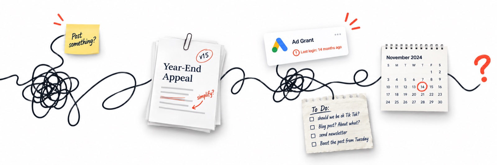 A tangled line running through a sticky note that says post something, a year-end appeal on version 15, an Ad Grant account last opened 14 months ago, a to-do list, and a calendar