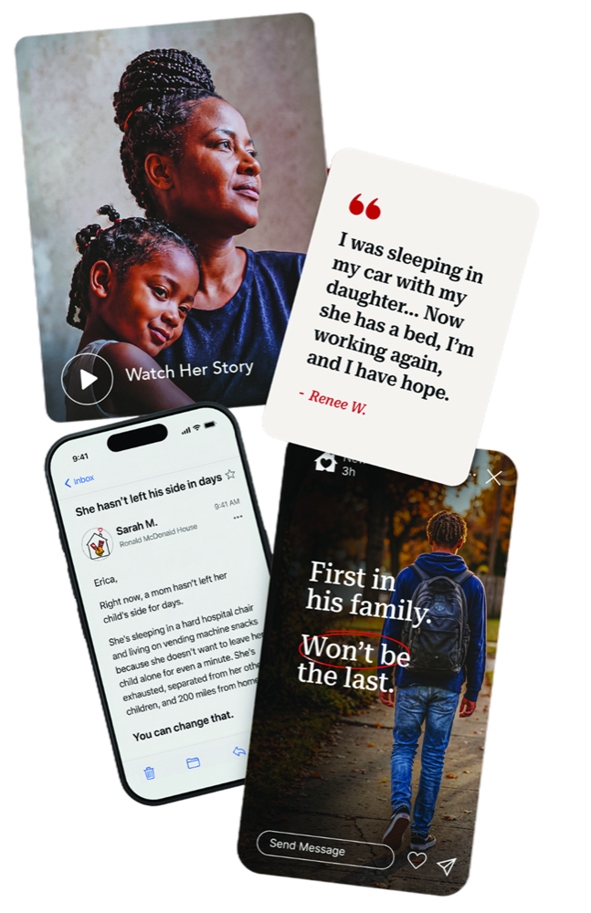 A collage of nonprofit marketing pieces: a story video, a donor quote, a fundraising email on a phone, and a social story